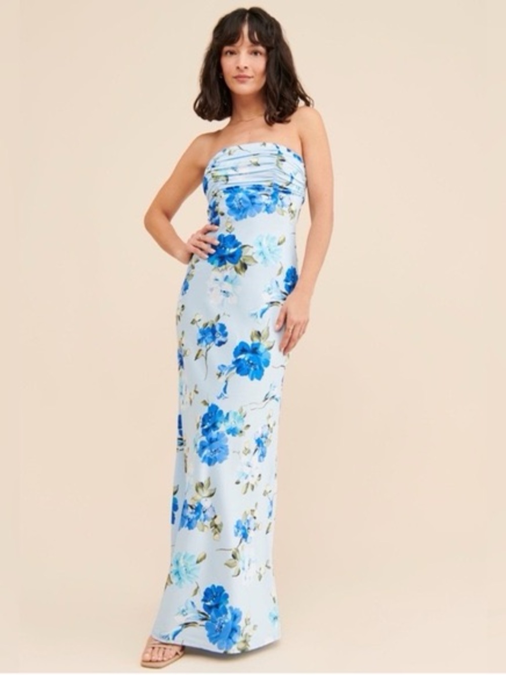Elegant Light Blue Floral Strapless Dress